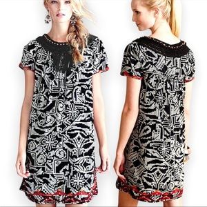 Anthropologie Floreat Abelia Embroidered Black White Tribal Fringe Dress Small